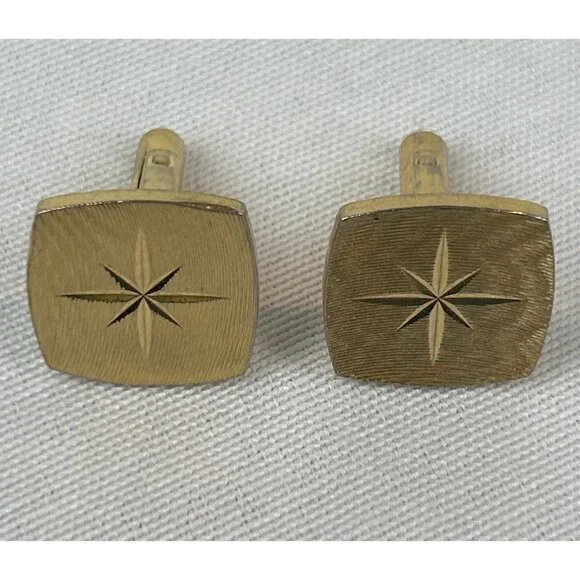 Vintage Gold Tone Starburst Cufflinks Square Design Mens Accessories - Picture 2 of 7